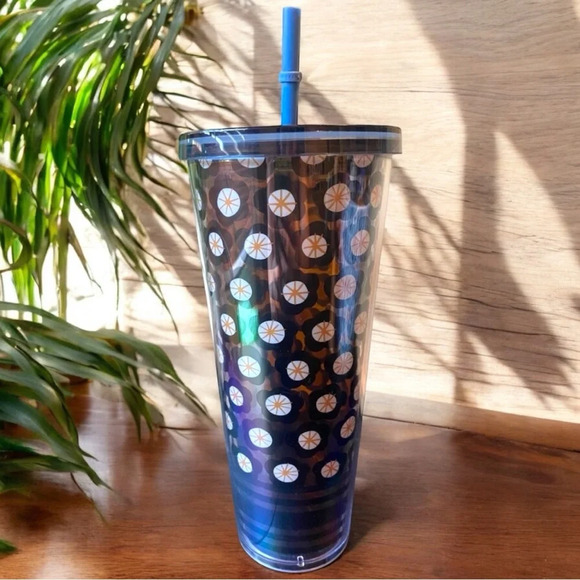 STARBUCKS 24oz Tumbler - Blue Stylized Flowers w/ Straw - Picture 3 of 11